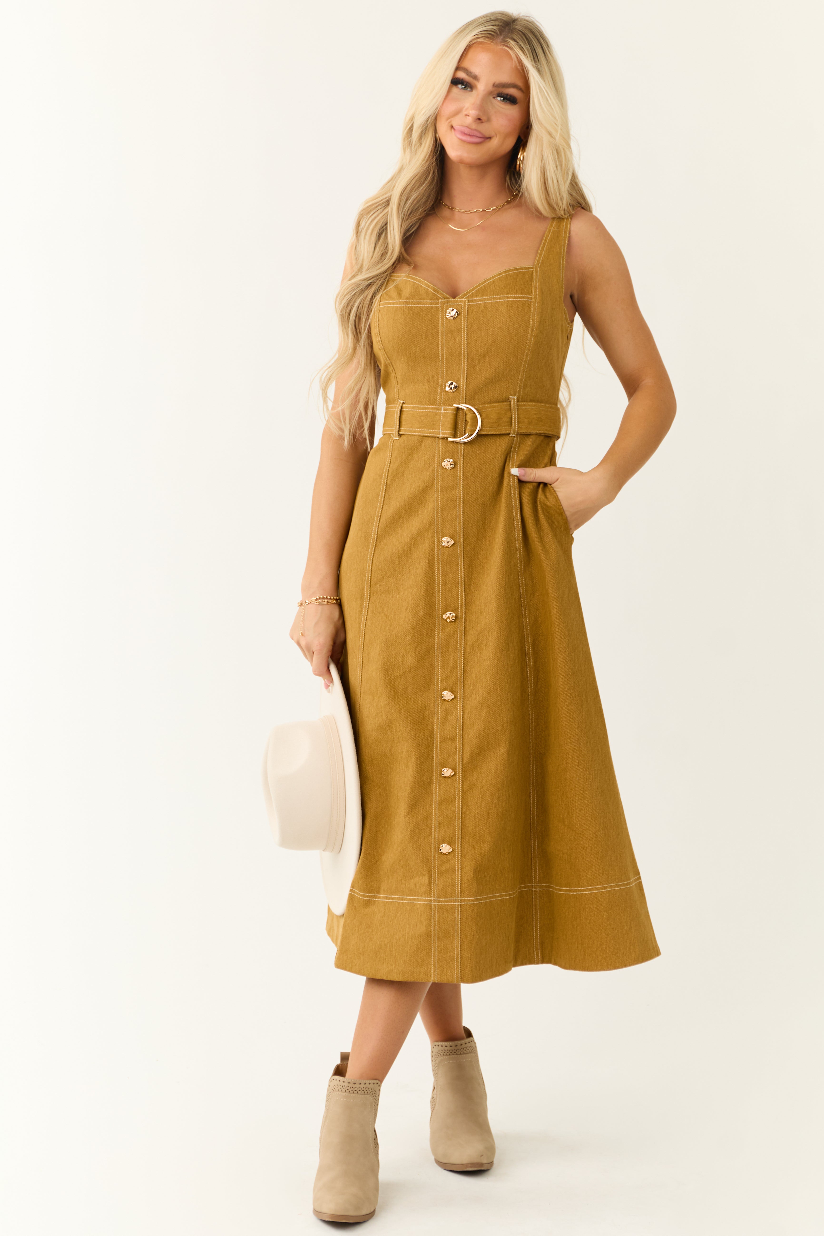 Sleeveless Belted Denim Midi Dress