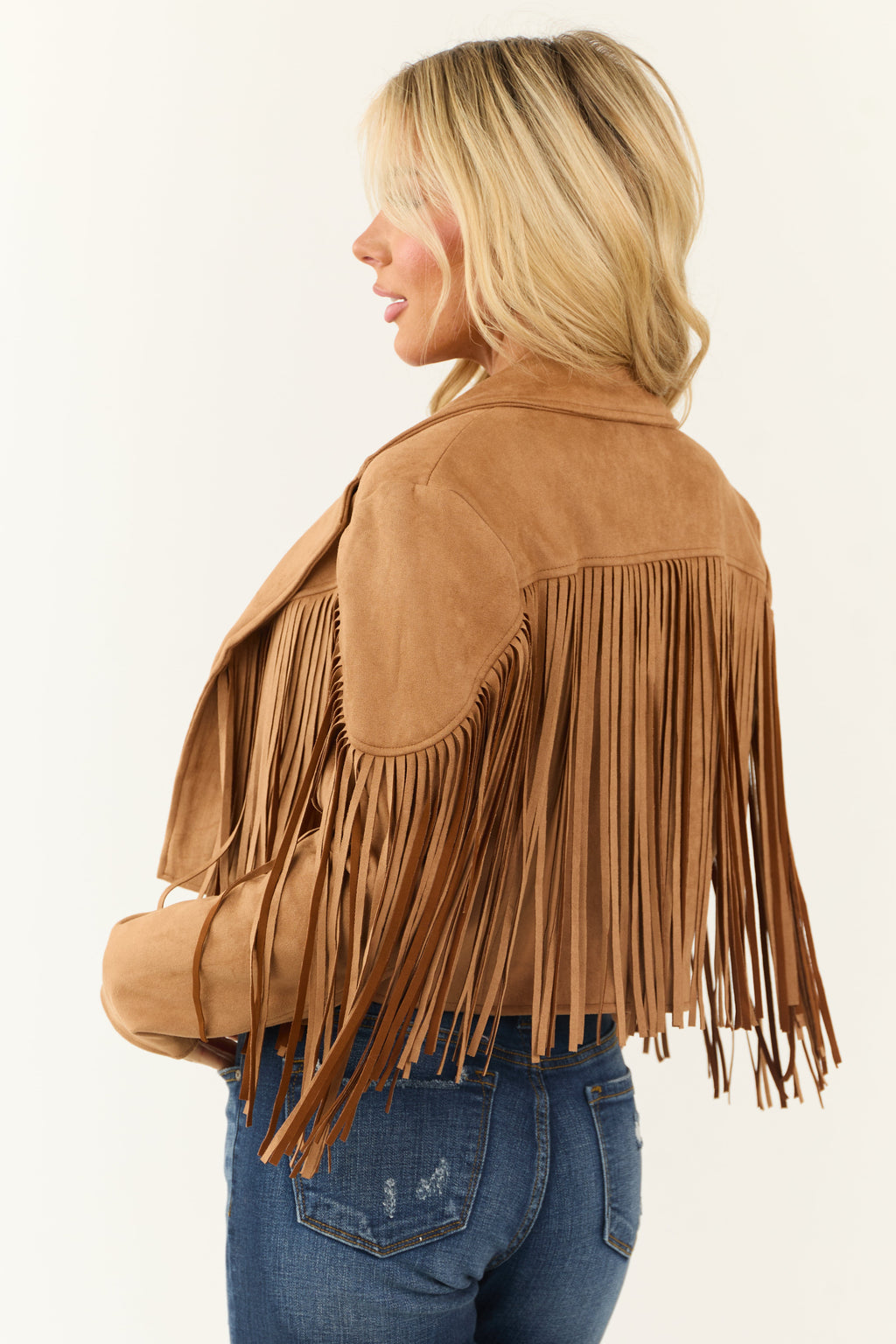 Brown Open Front Fringe Faux Suede Jacket