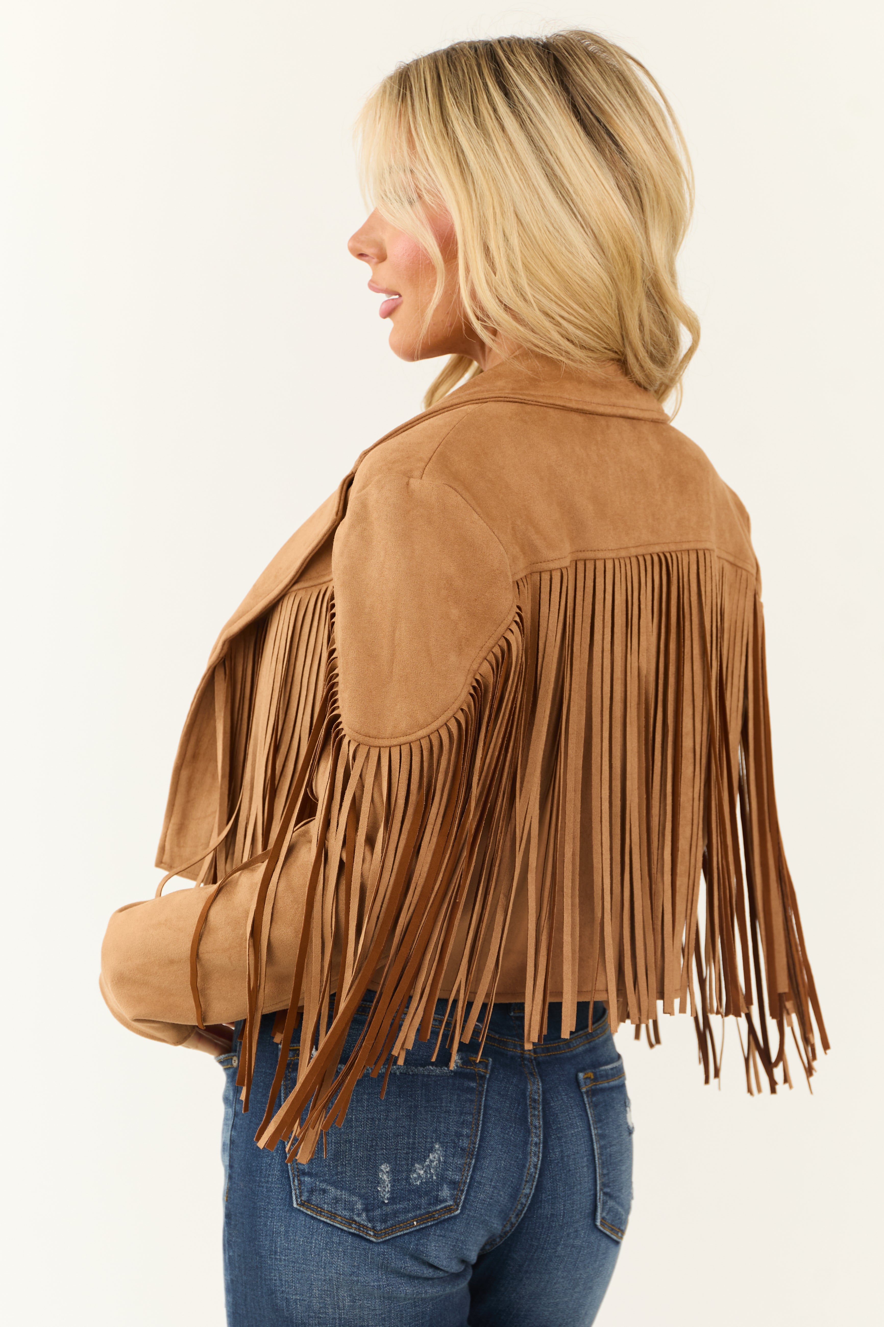 Brown Open Front Fringe Faux Suede Jacket