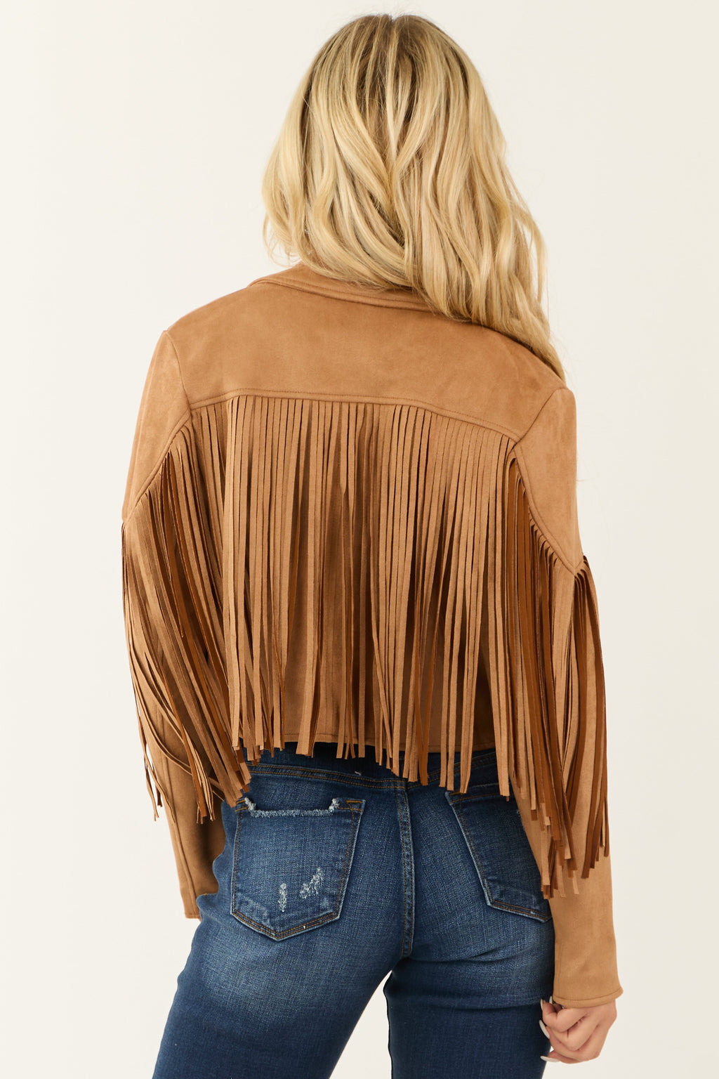 Brown Open Front Fringe Faux Suede Jacket