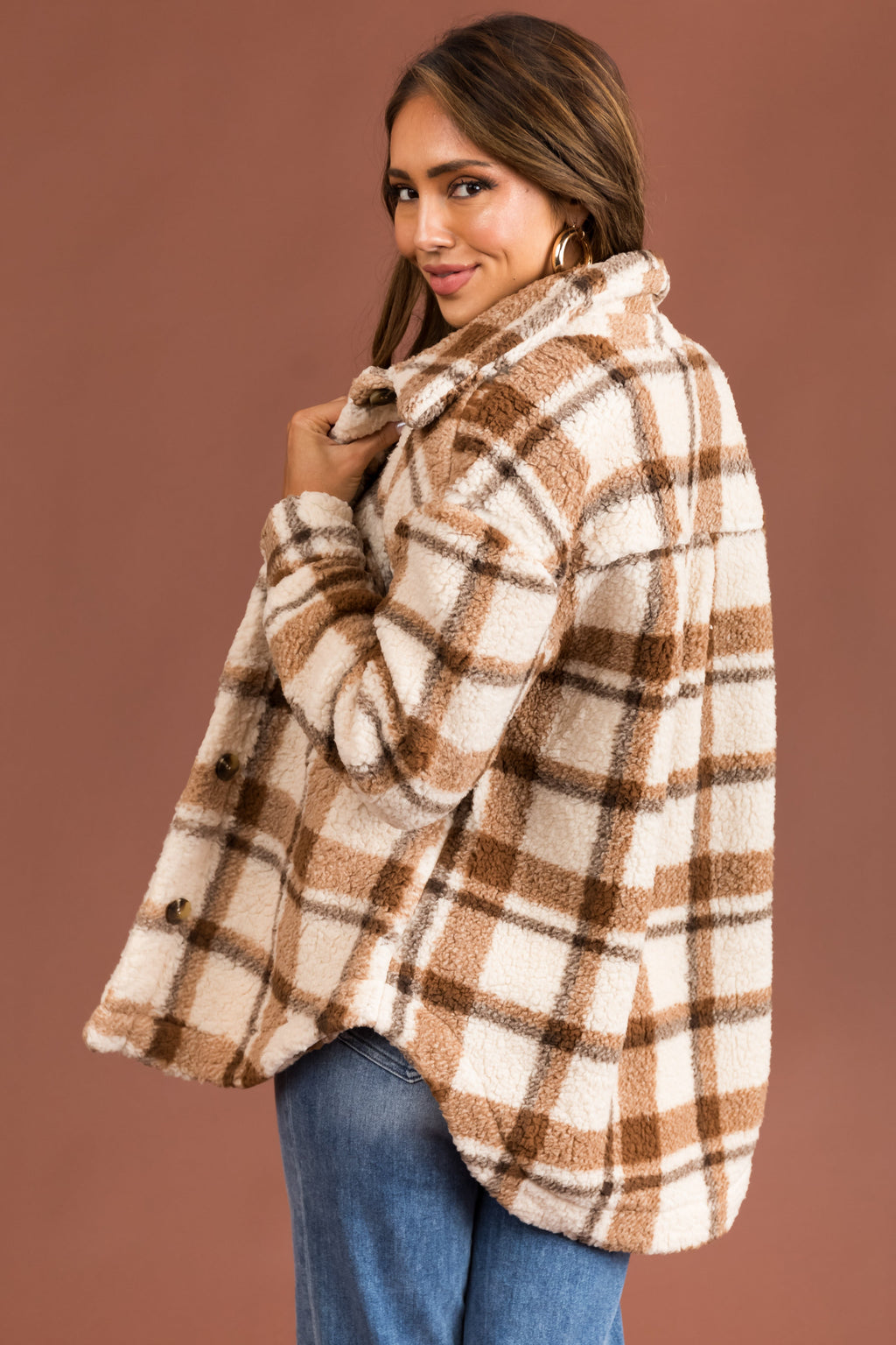 Brown Plaid Sherpa Button Down Shacket