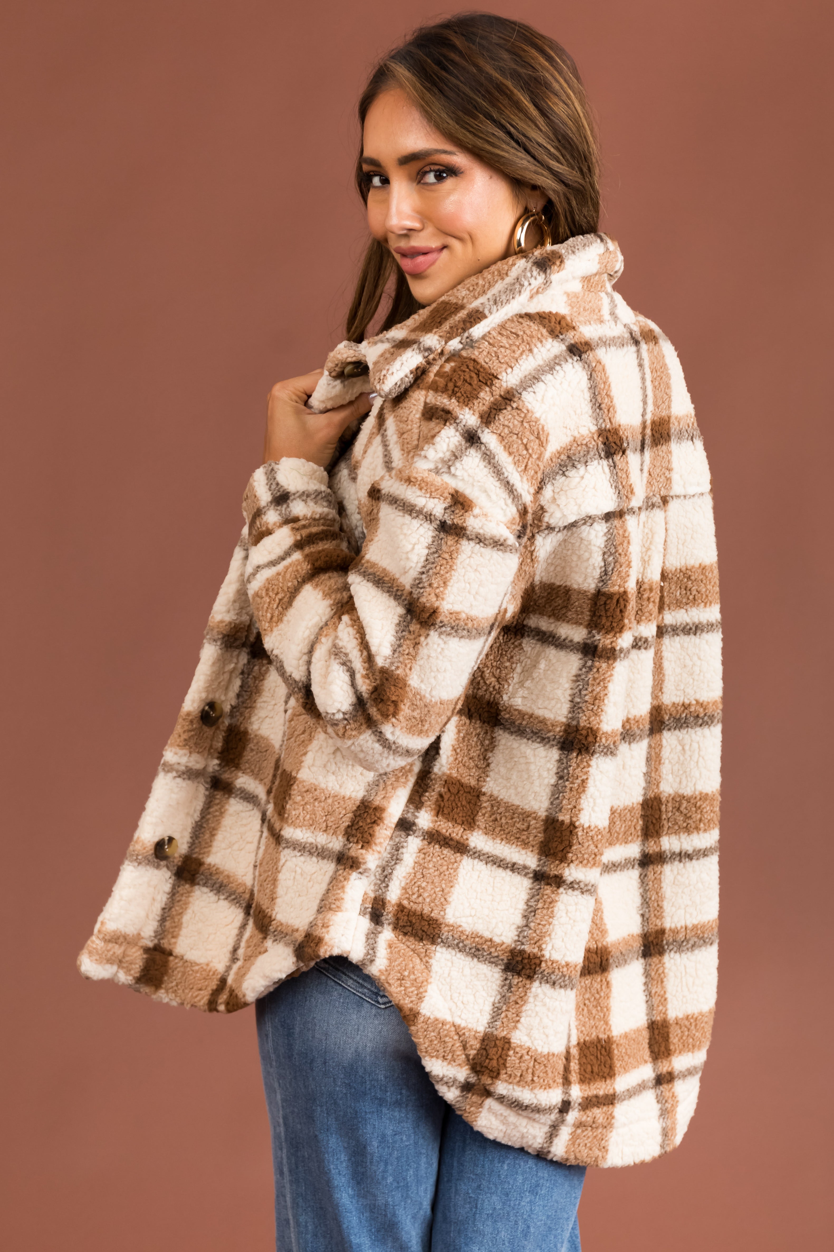 Brown Plaid Sherpa Button Down Shacket