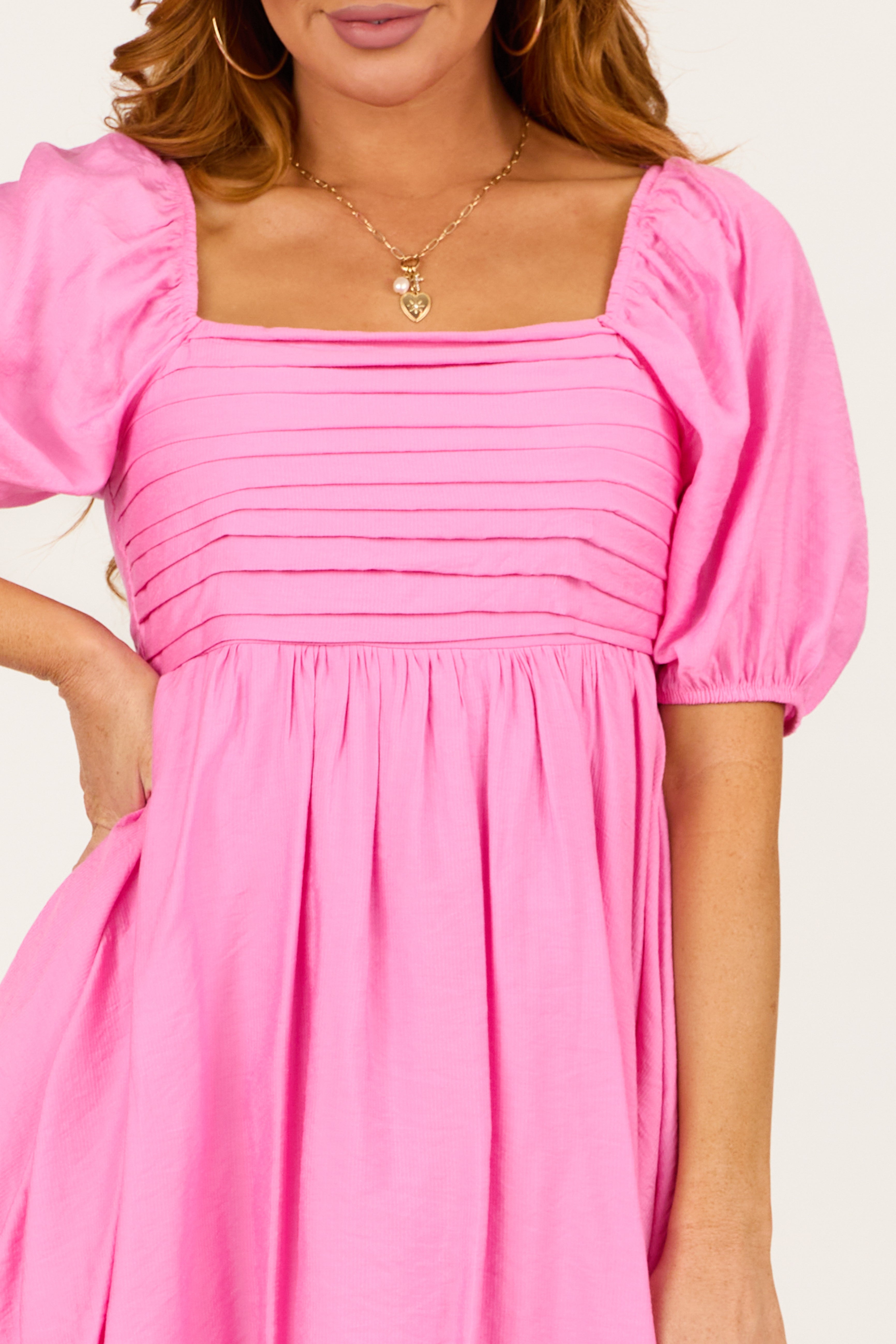 Pink Pleated Square Neck Babydoll Mini Dress