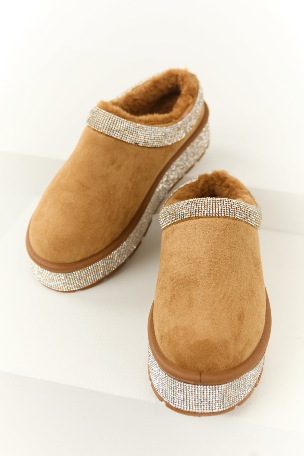 Brown Rhinestone Platform Slip On Booties