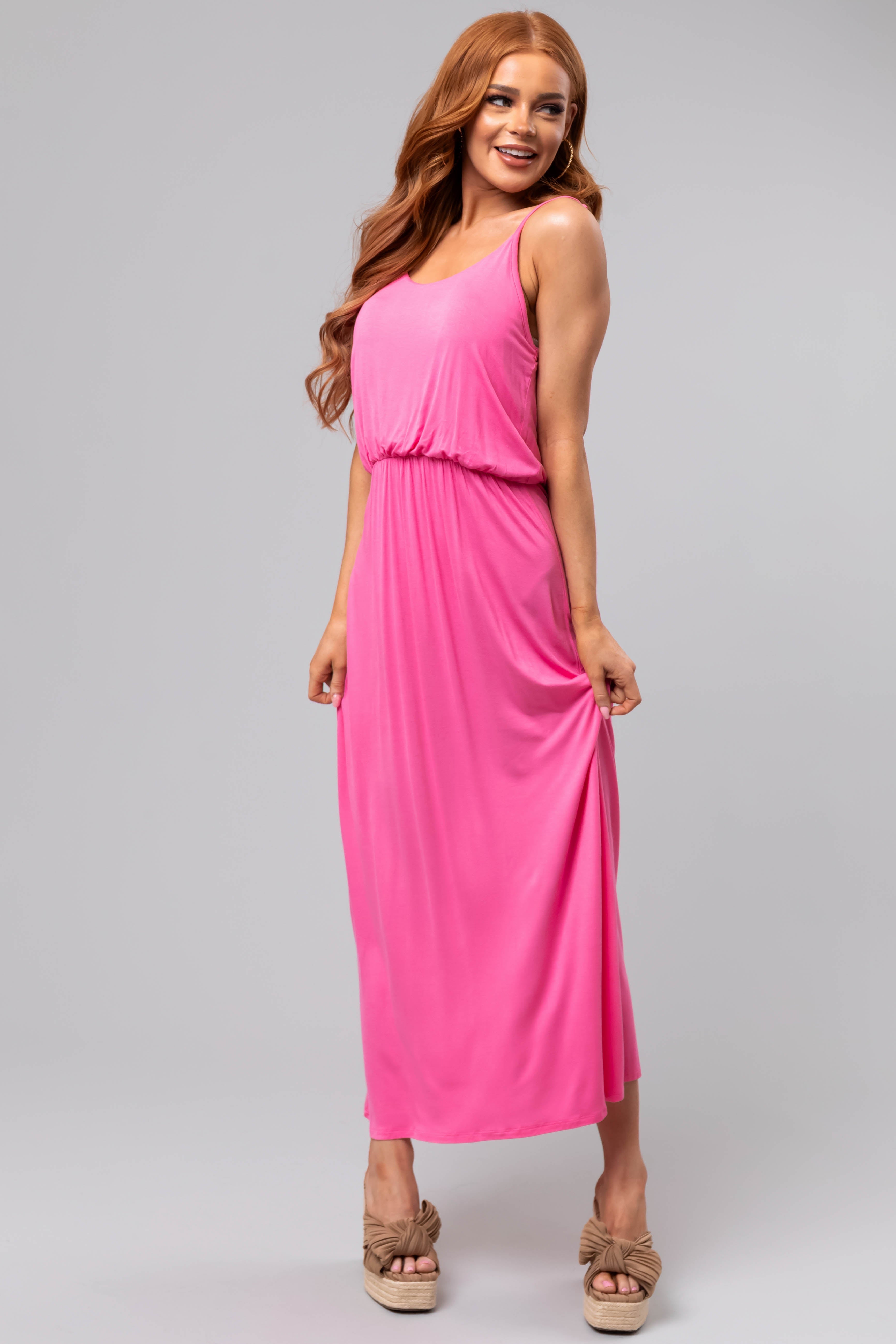 Pink Blouson Knit Maxi Cami Dress