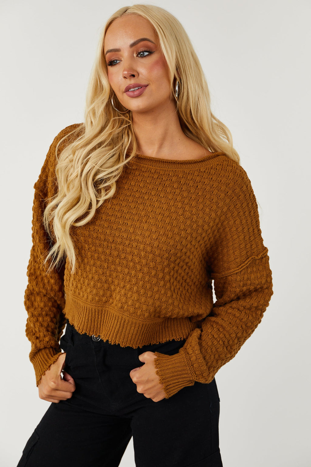 Brown Long Sleeve Cropped Textured Sweater