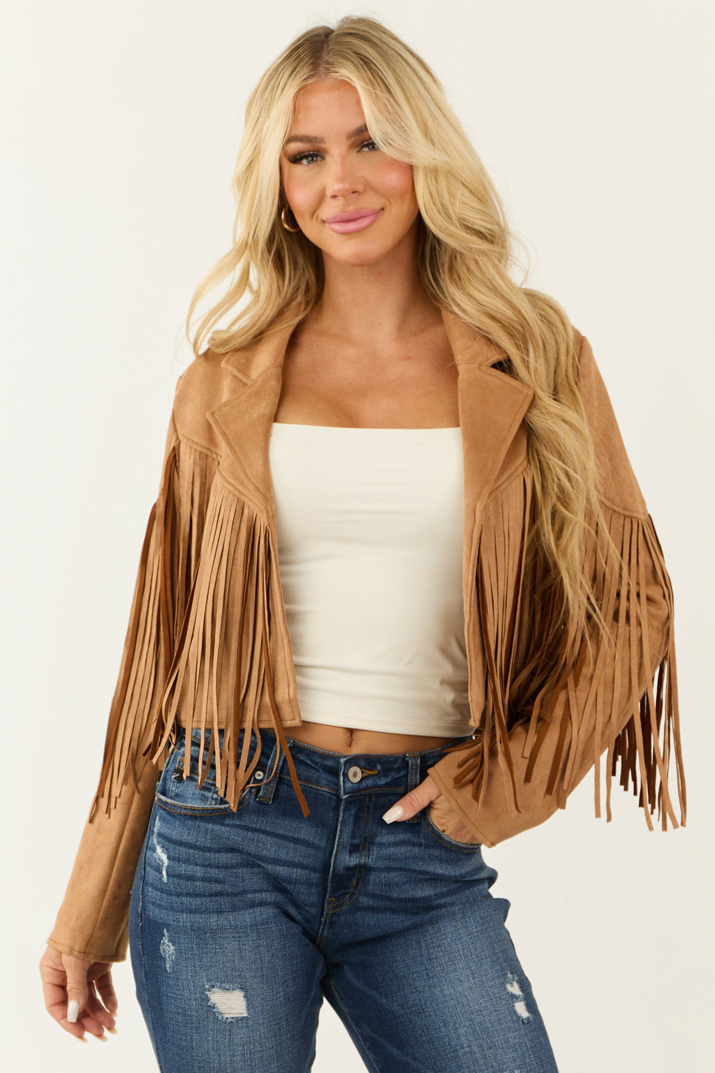 Brown Open Front Fringe Faux Suede Jacket