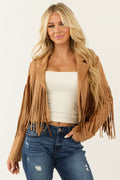 Brown Open Front Fringe Faux Suede Jacket