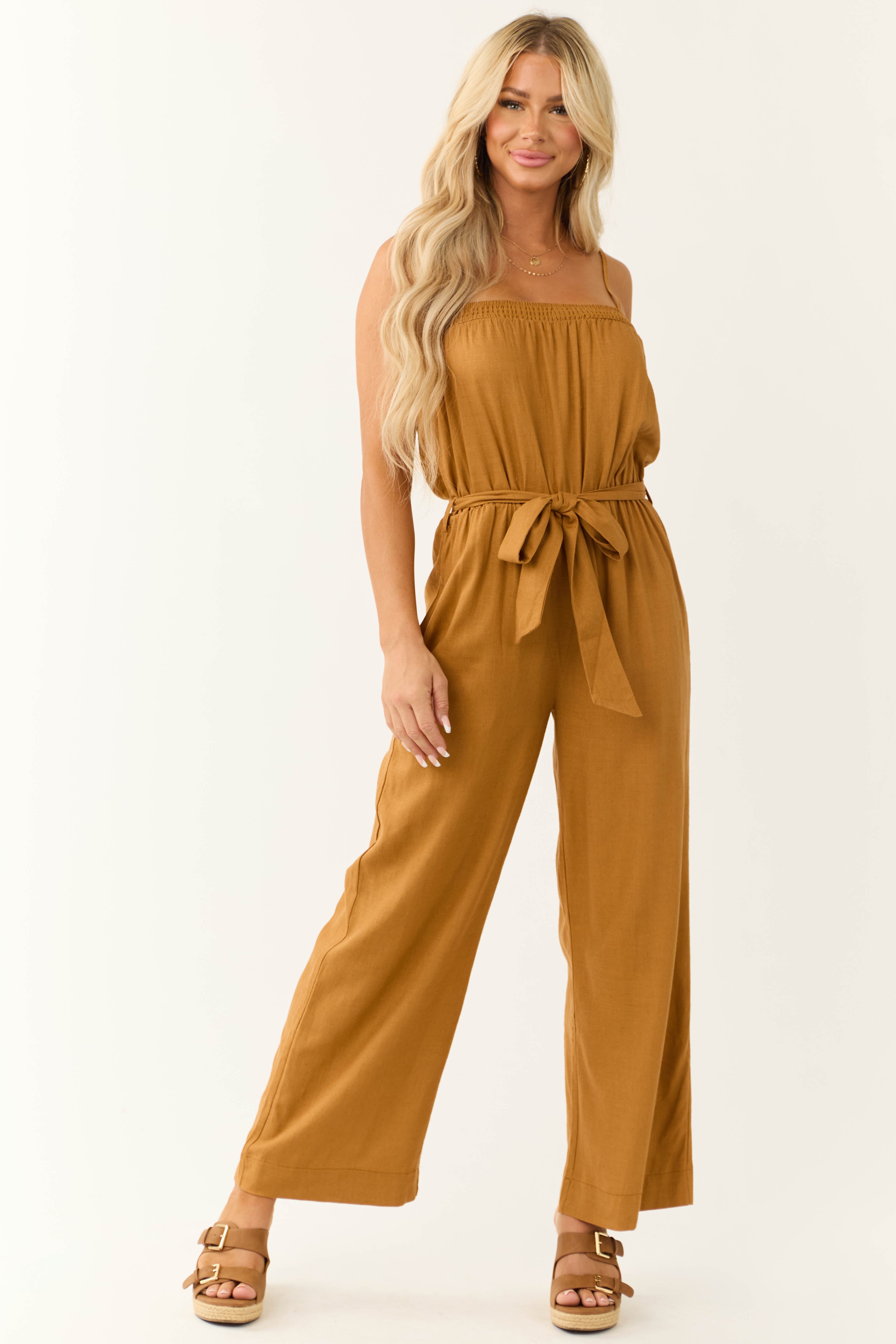 Brown Sleeveless Tie Waist Linen Jumpsuit