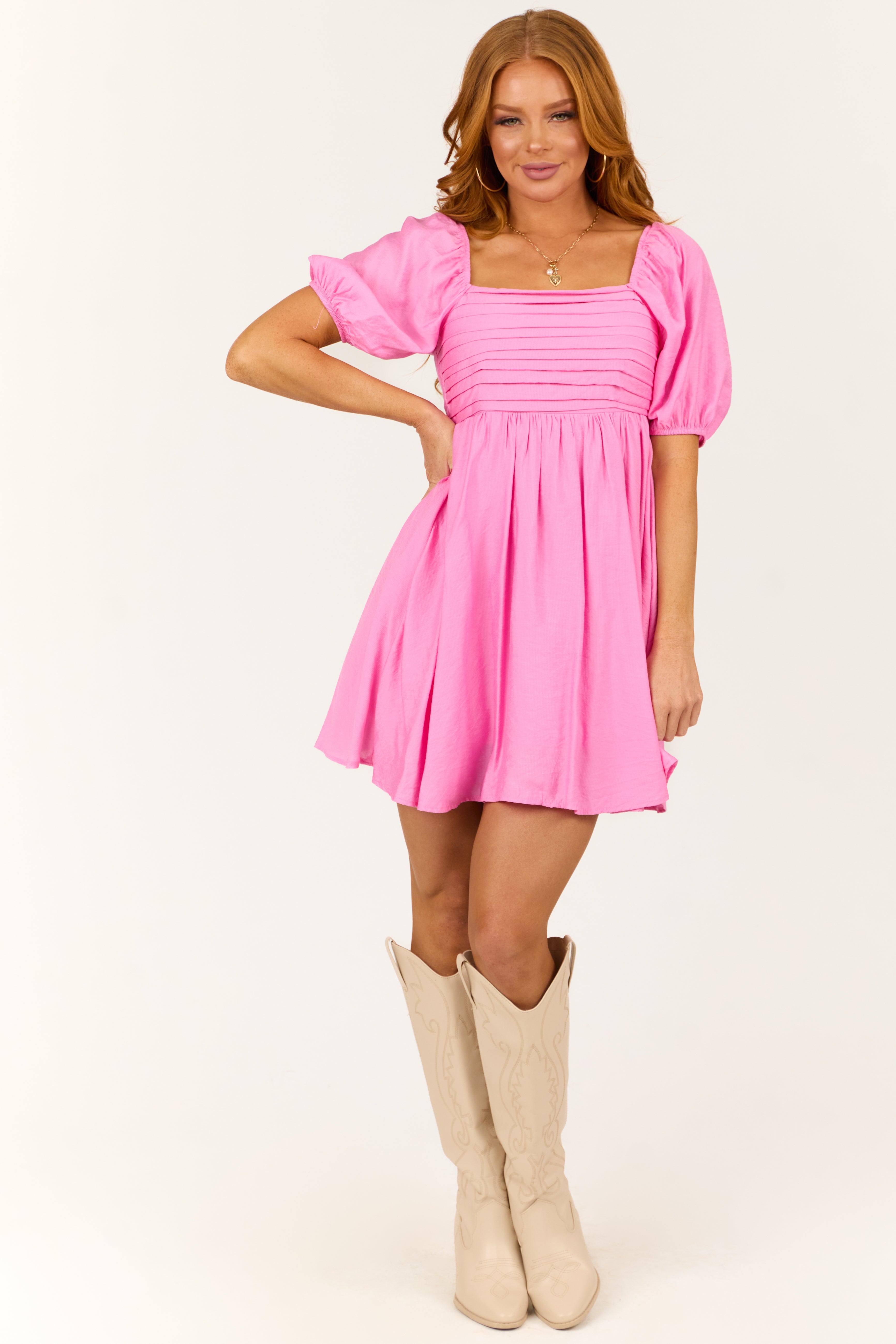 Pink Pleated Square Neck Babydoll Mini Dress