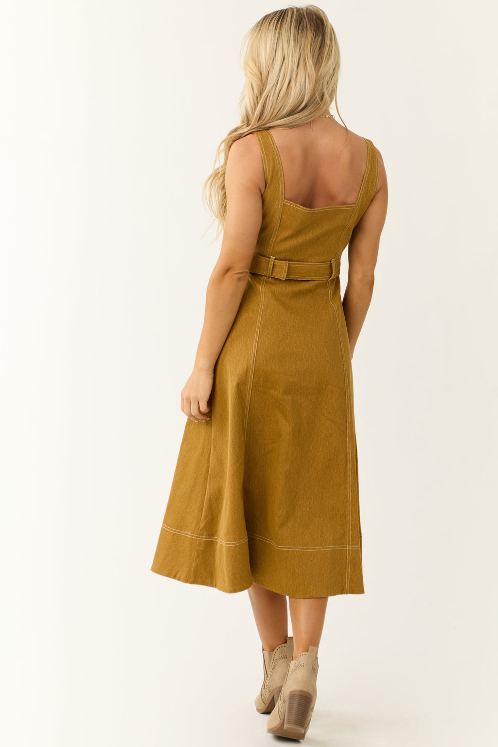 Sleeveless Belted Denim Midi Dress