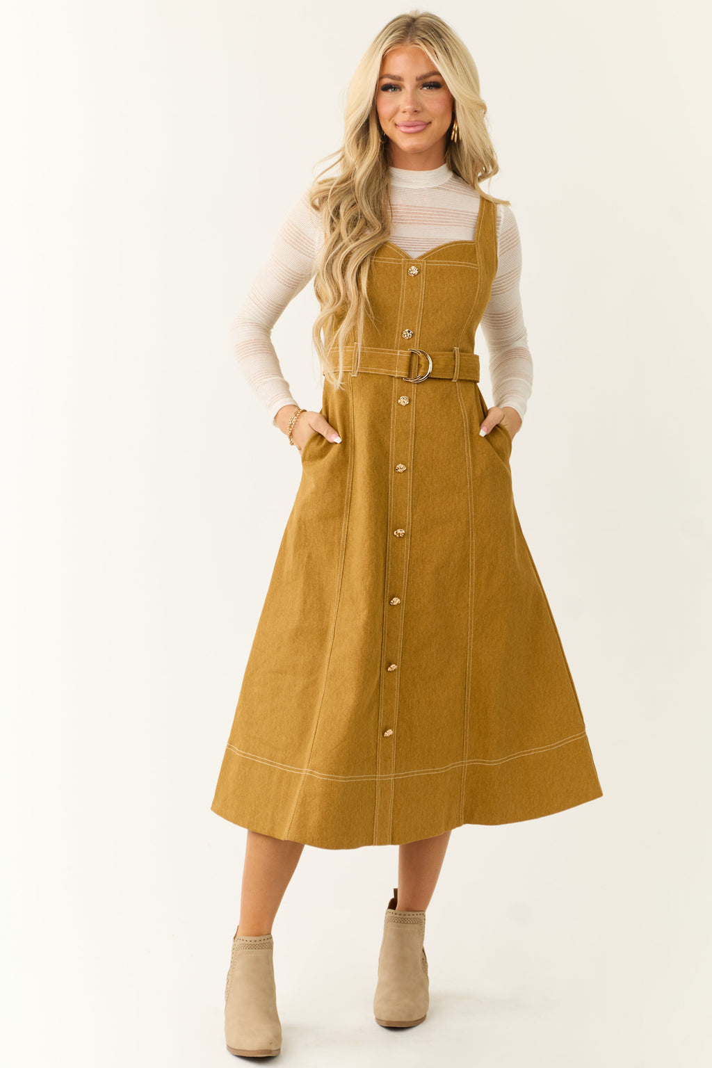 Sleeveless Belted Denim Midi Dress