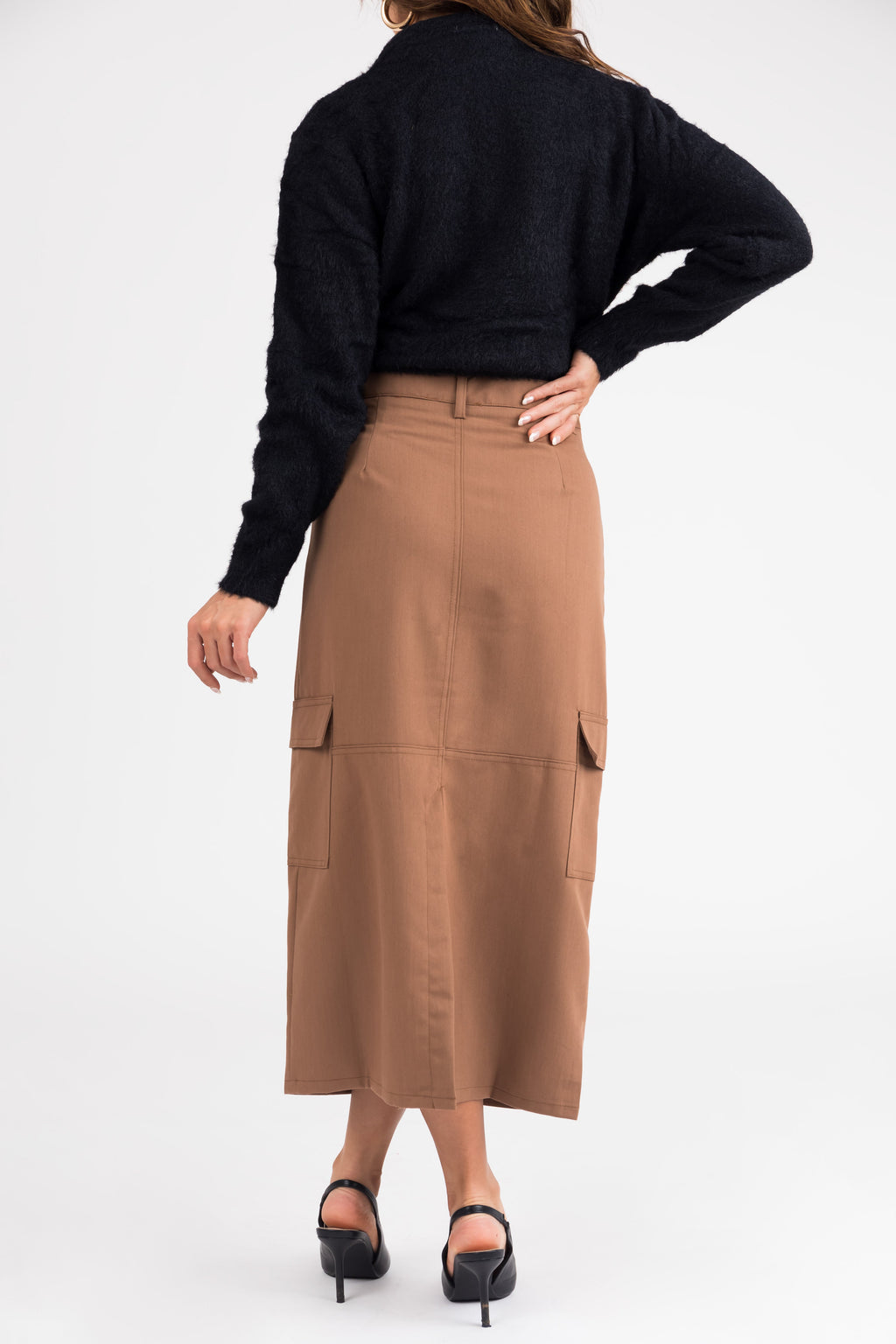 Brown Cargo Midi Skirt with Pockets