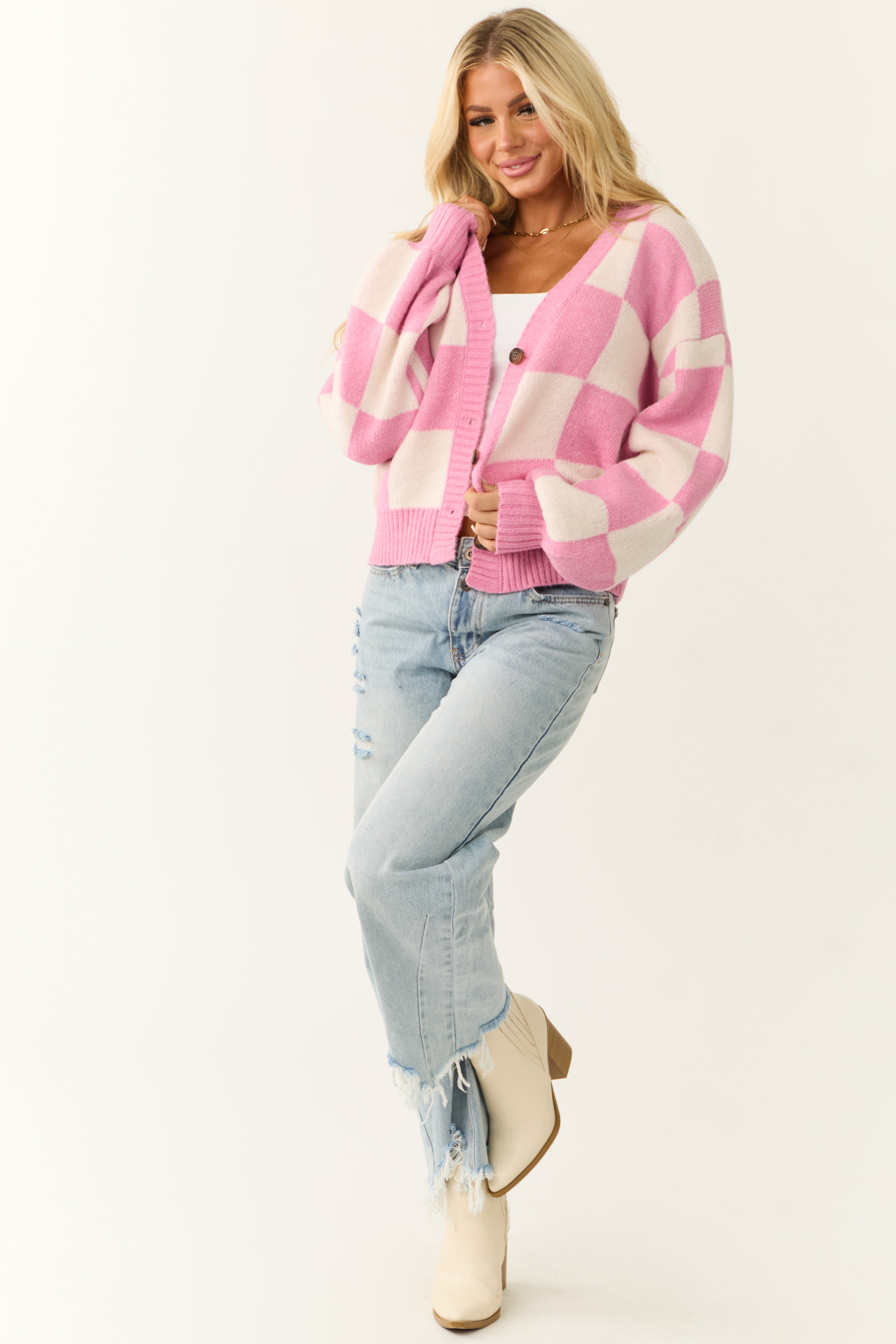 Pink and Cream Checkered Print Cardigan