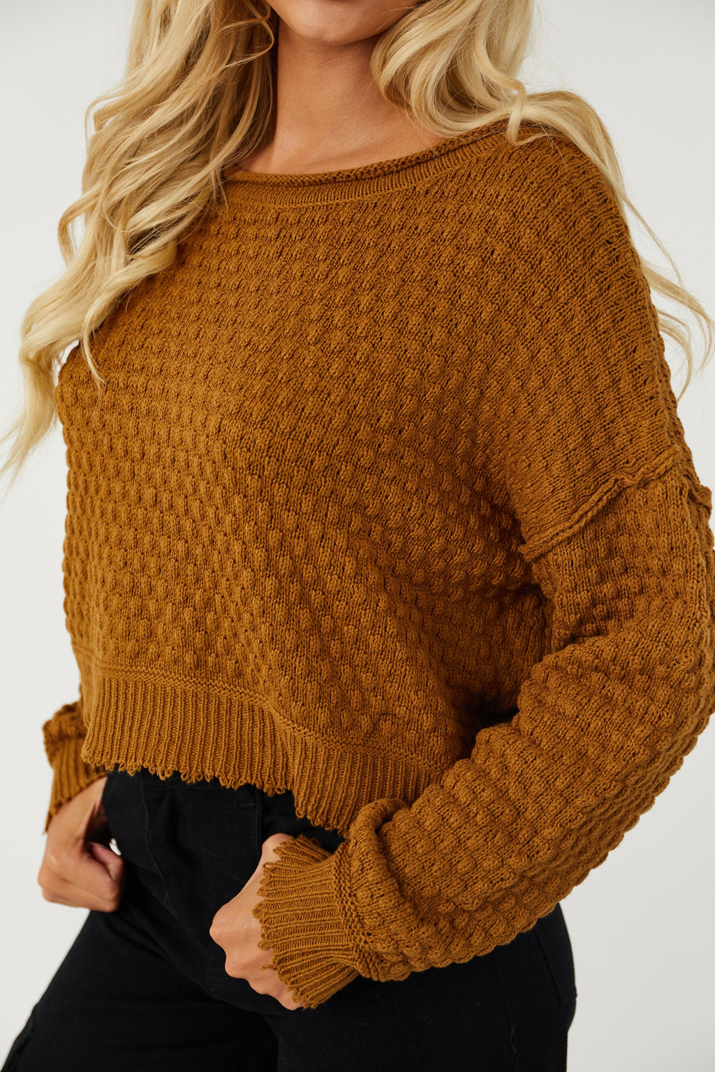 Brown Long Sleeve Cropped Textured Sweater