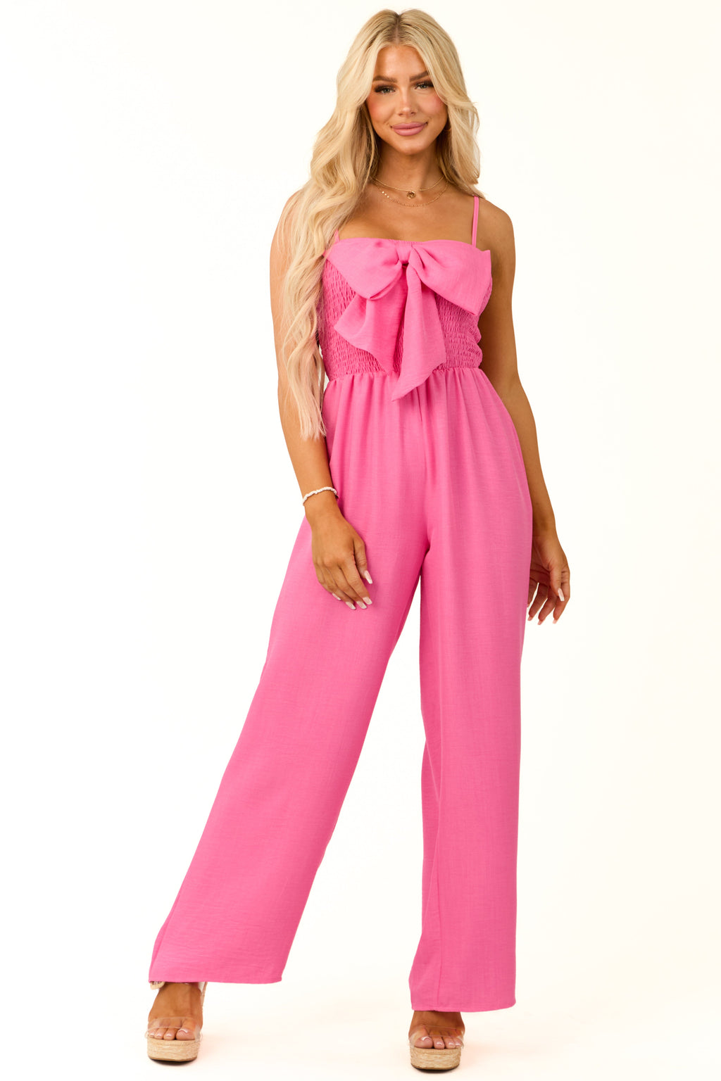 Pink Bow Front Smocked Jumpsuit