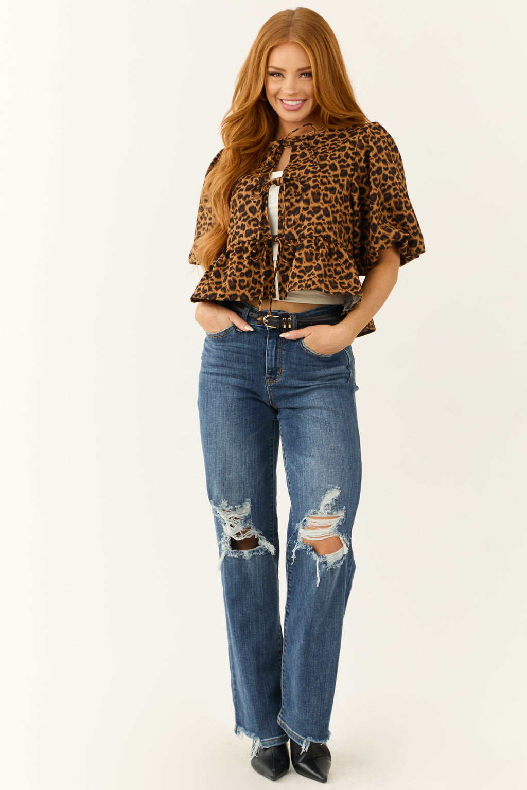 Leopard Tie Front Crop Top