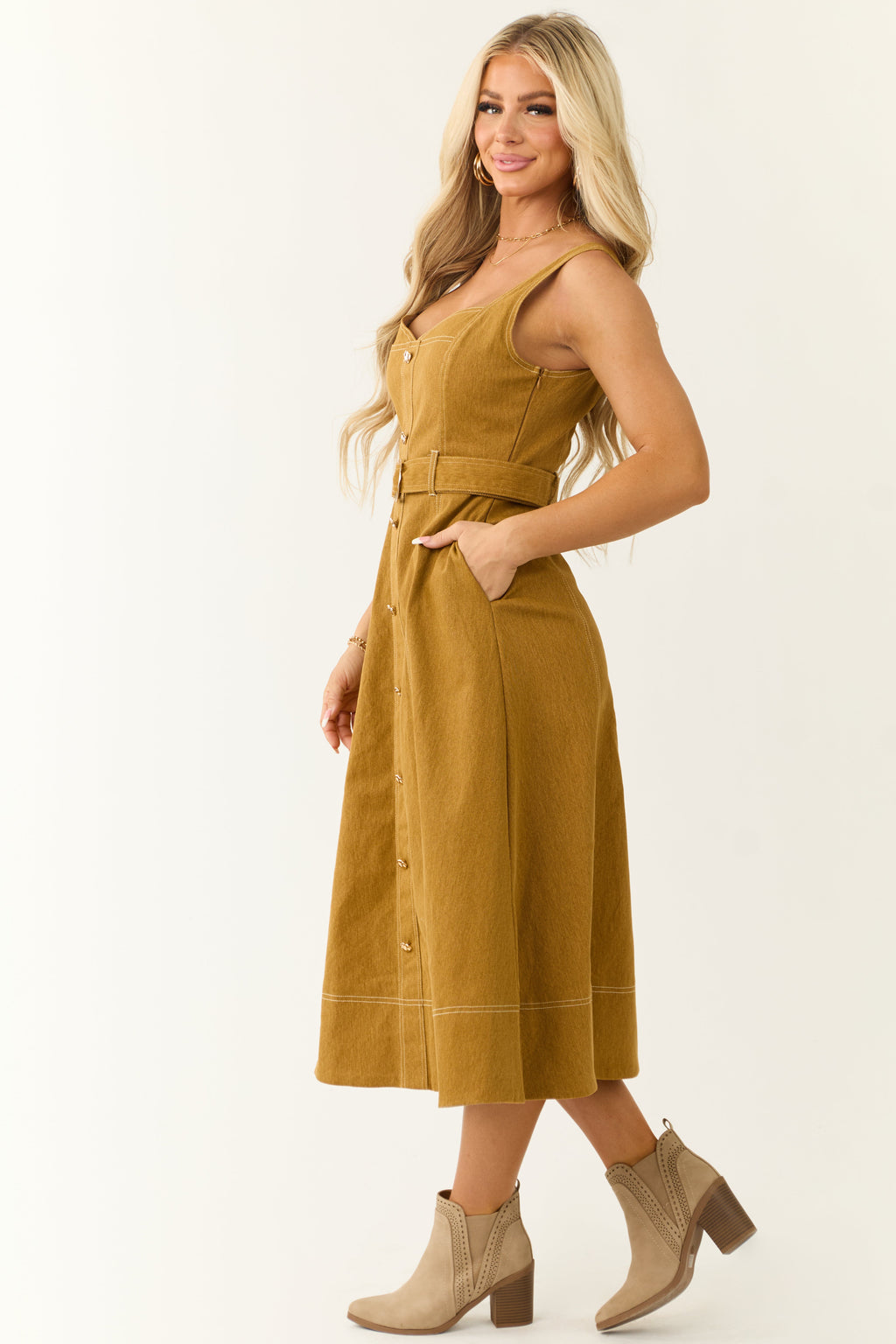 Sleeveless Belted Denim Midi Dress