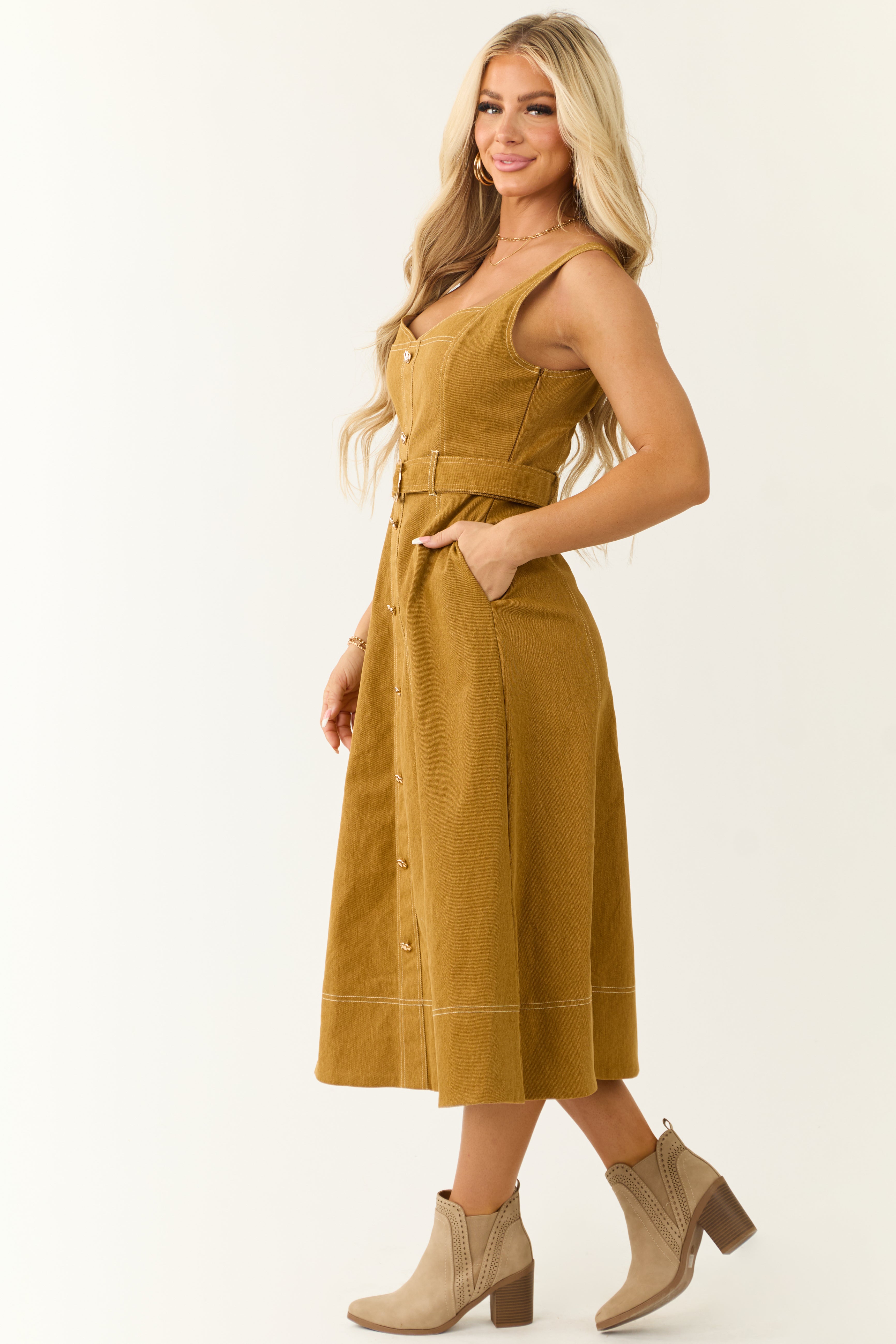 Sleeveless Belted Denim Midi Dress