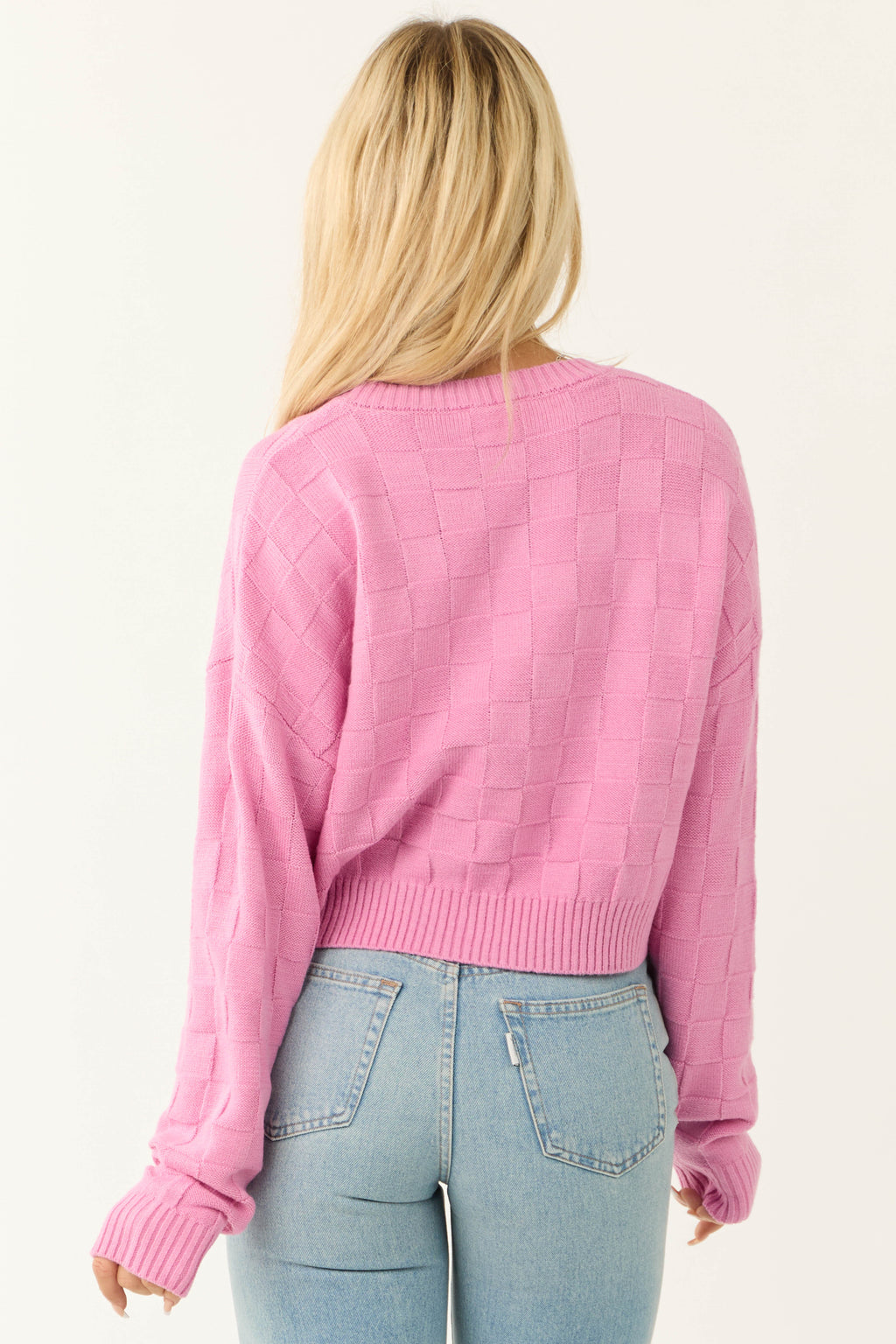 Pink Checkered Texture Long Sleeve Sweater