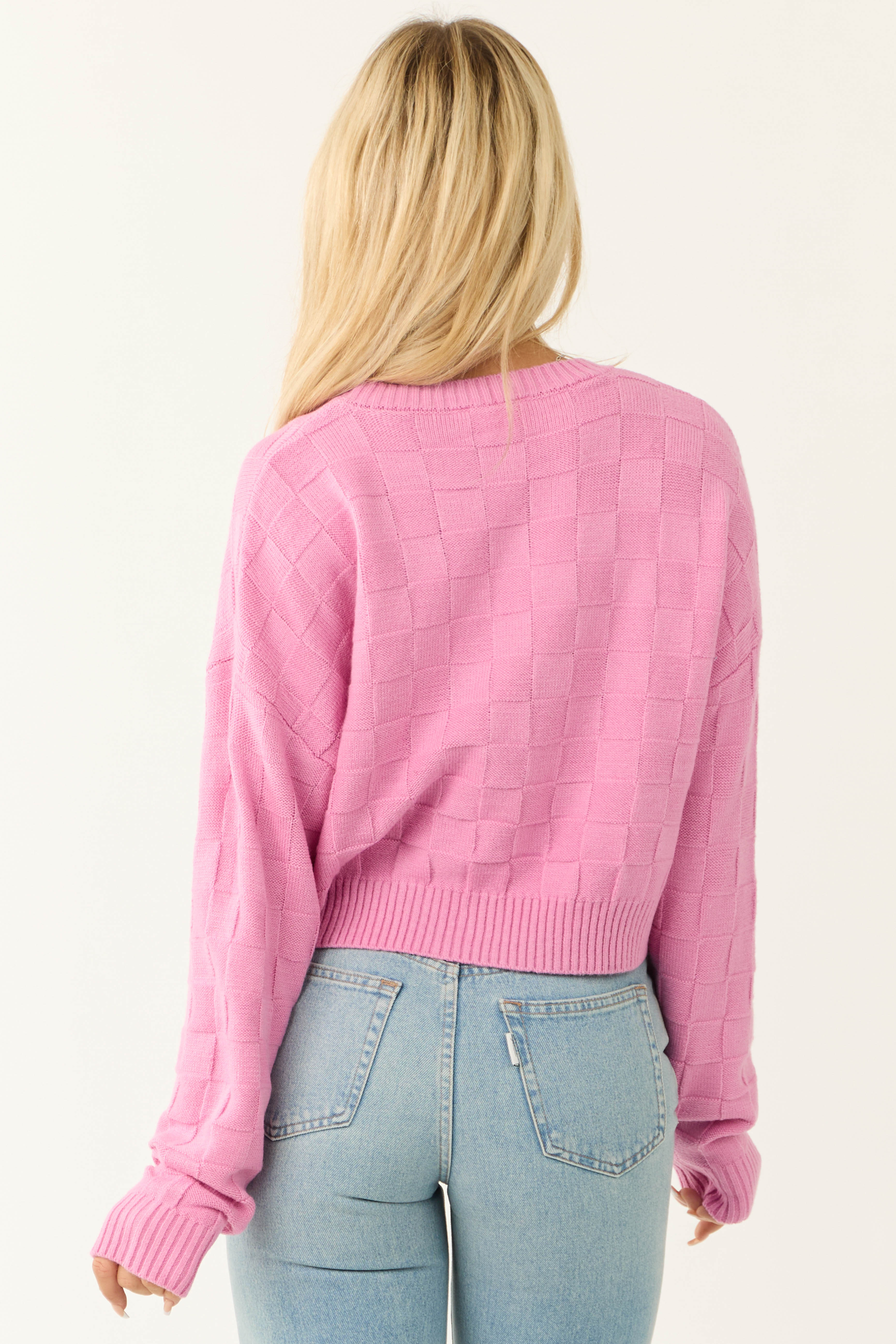 Pink Checkered Texture Long Sleeve Sweater