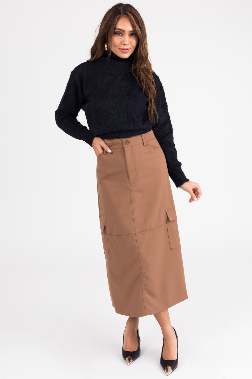 Brown Cargo Midi Skirt with Pockets