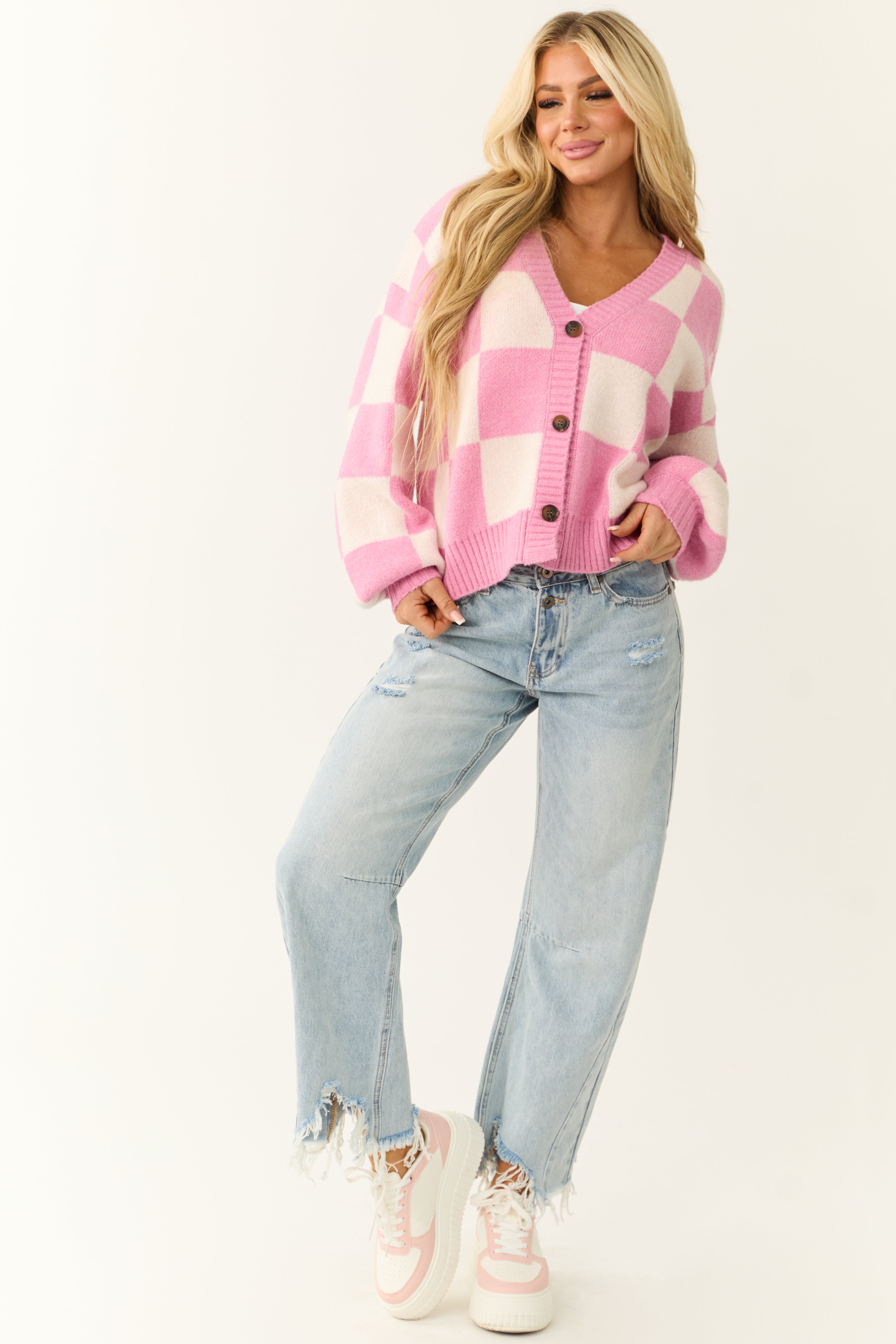 Pink and Cream Checkered Print Cardigan